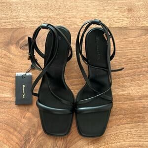 NWT Massimo Dutti Leather Heeled Sandals in Black Size 38- 7 1/2